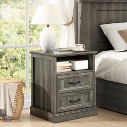 CARPETNAL 20" Farmhouse Nightstand, End Table with 2 Large Drawers & Open Storage, Side Table, Bedside Cabinet for Bedroom, Living Room, Grey