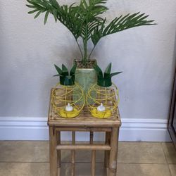 Faux Palm in Glass Vase & 2 Metal Pineapple Candle Holders