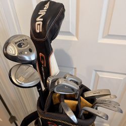 Ping Driver, Callaway Mini and 9 Wood, Wishon Forged Iron 5i-9i Set, PW, 50* and 54* Titleist Vokey Wedge, Putter and Sun Mountain Golf Bag