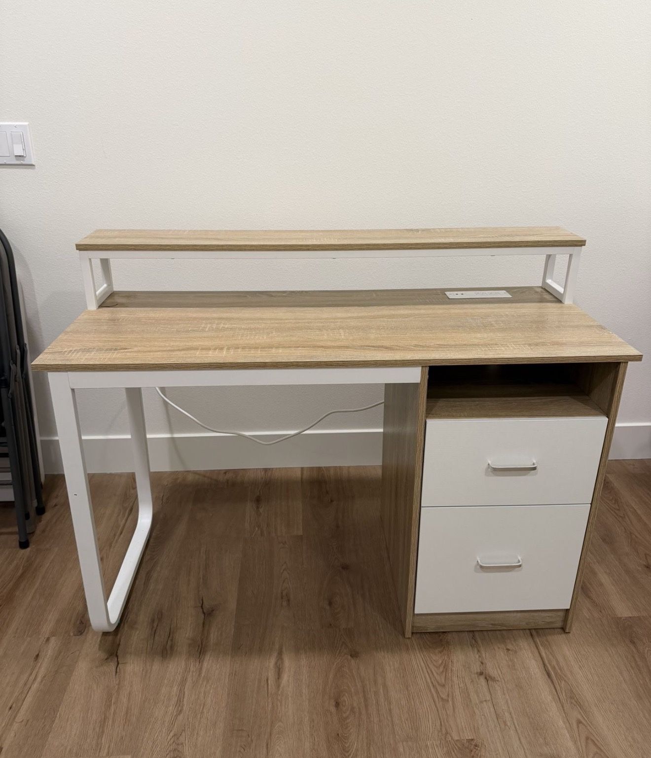 Office Desk with Drawers, 47" Computer Desk with Power Outlets & LED Light, Home Office Desk with Storage & Monitor Stand, White