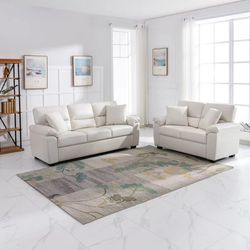 Modern Contemporary PU Leather Couch Set for Living Room or Office, Sofa and Loveseat White