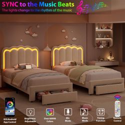 2pcs Twin Size Upholstered LED Bed Frame with Storage Drawer and Adjustable Chic Double Wavy Headboard, Velvet Princess Platform Bed for Kids/Girls, S