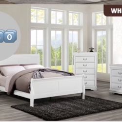 4 Pc White Bed- room Set.  Bed, Nightstand, Dresser And Mirror 