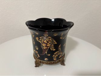 Small Black Planter Pot with Ornate Base Gold Burgundy Design