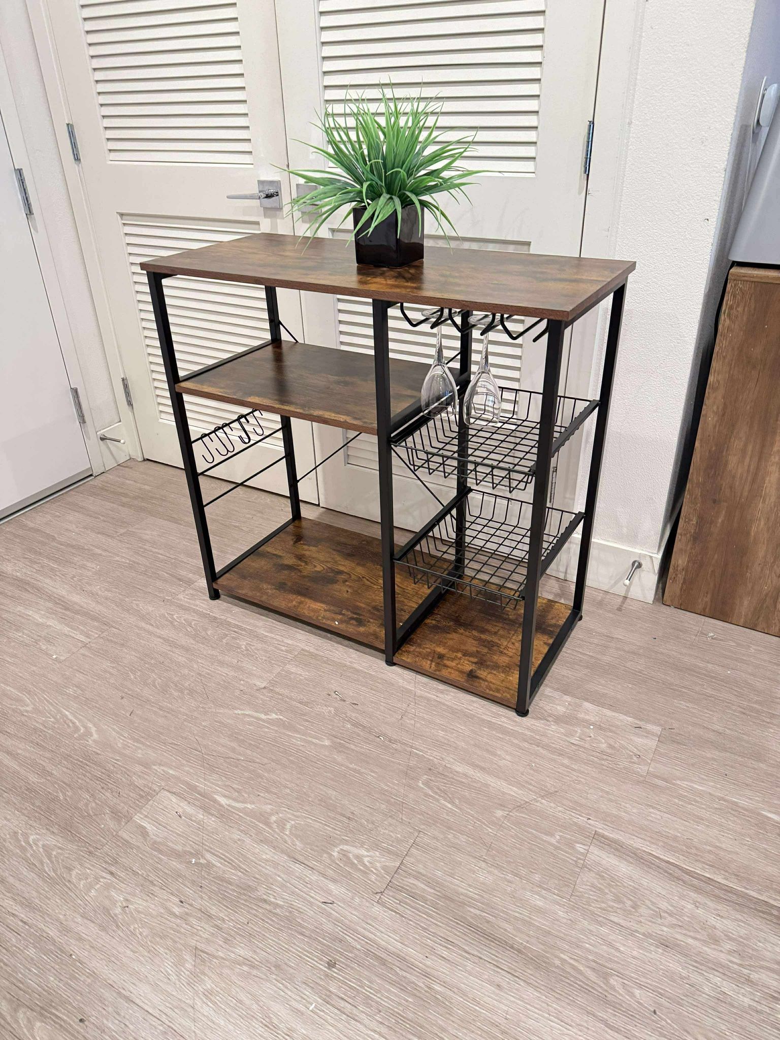 Kitchen Baker's Rack Storage Shelf (Vintage Board + Black Metal Frame)