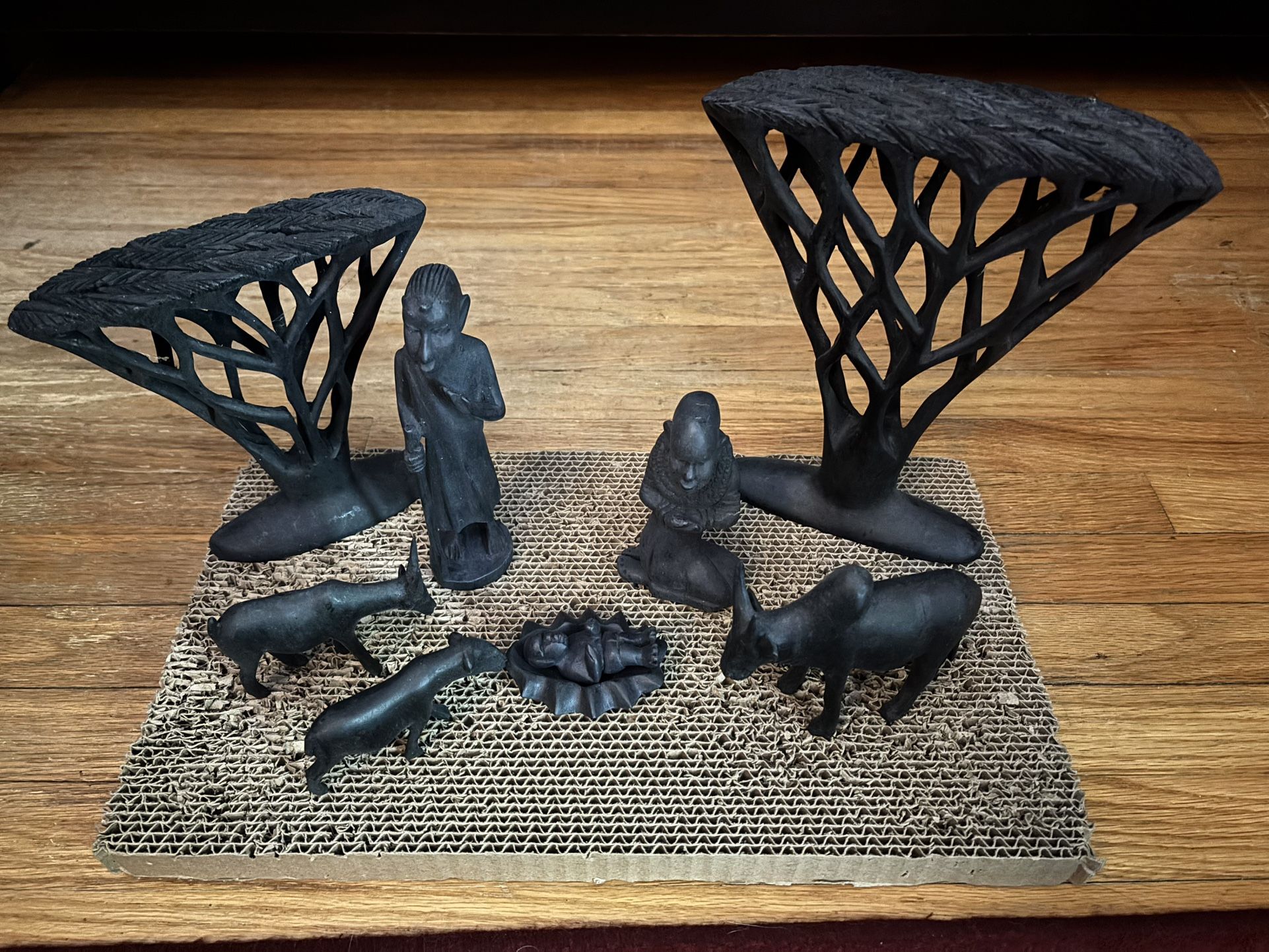 African Nativity Scene Hand Carved Black Wood 9pc