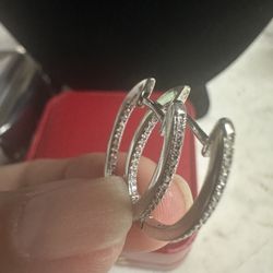 925 Sterling Silver Oblong Shaped Cz Hoops, Inside Outside Cz’s, Marked 925 CN 