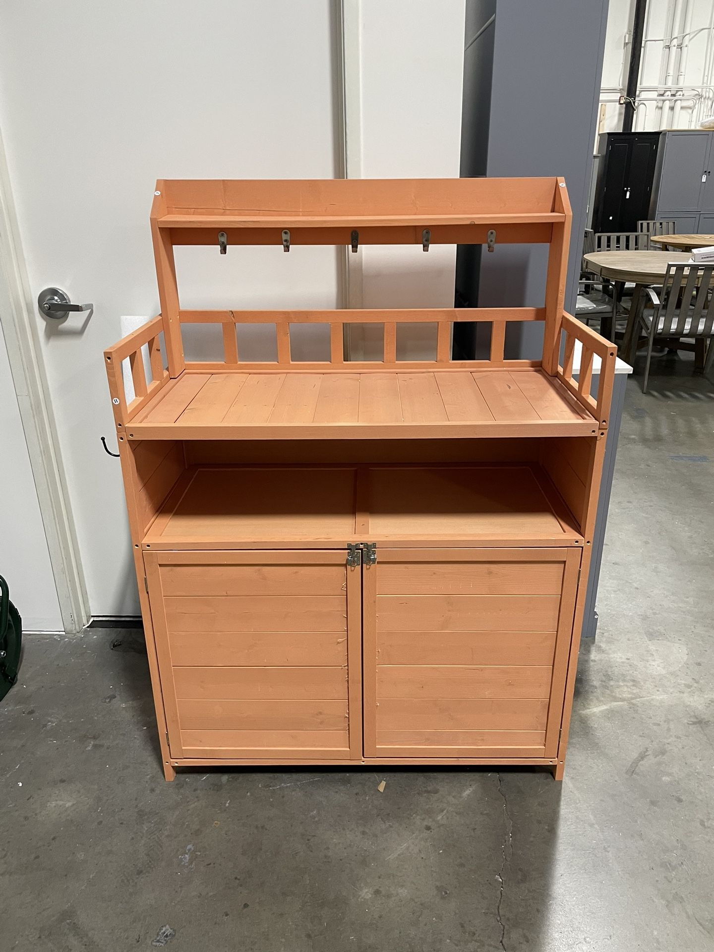 Assembled New Outdoor Potting Bench with Large Storage Cabinet & Top Shelf, Gardening Work Table