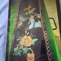 Oriental shell art.\nBlack lacquer , pearl essence , birds and flowers