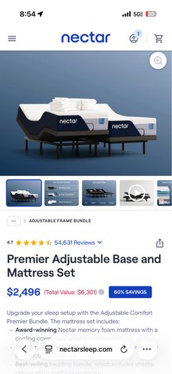 Like New Split King Size Nectar Premier Adjustable Bed and Mattress
