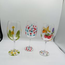 Vintage Hand Painted Floral Wine Glasses ARC France Set Of 3