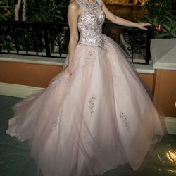 Pink Beaded Ball Gown with Train – Debut / Quinceanera Dress