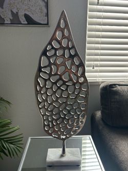 Modern Silver Metal Leaf Sculpture on Marble Base