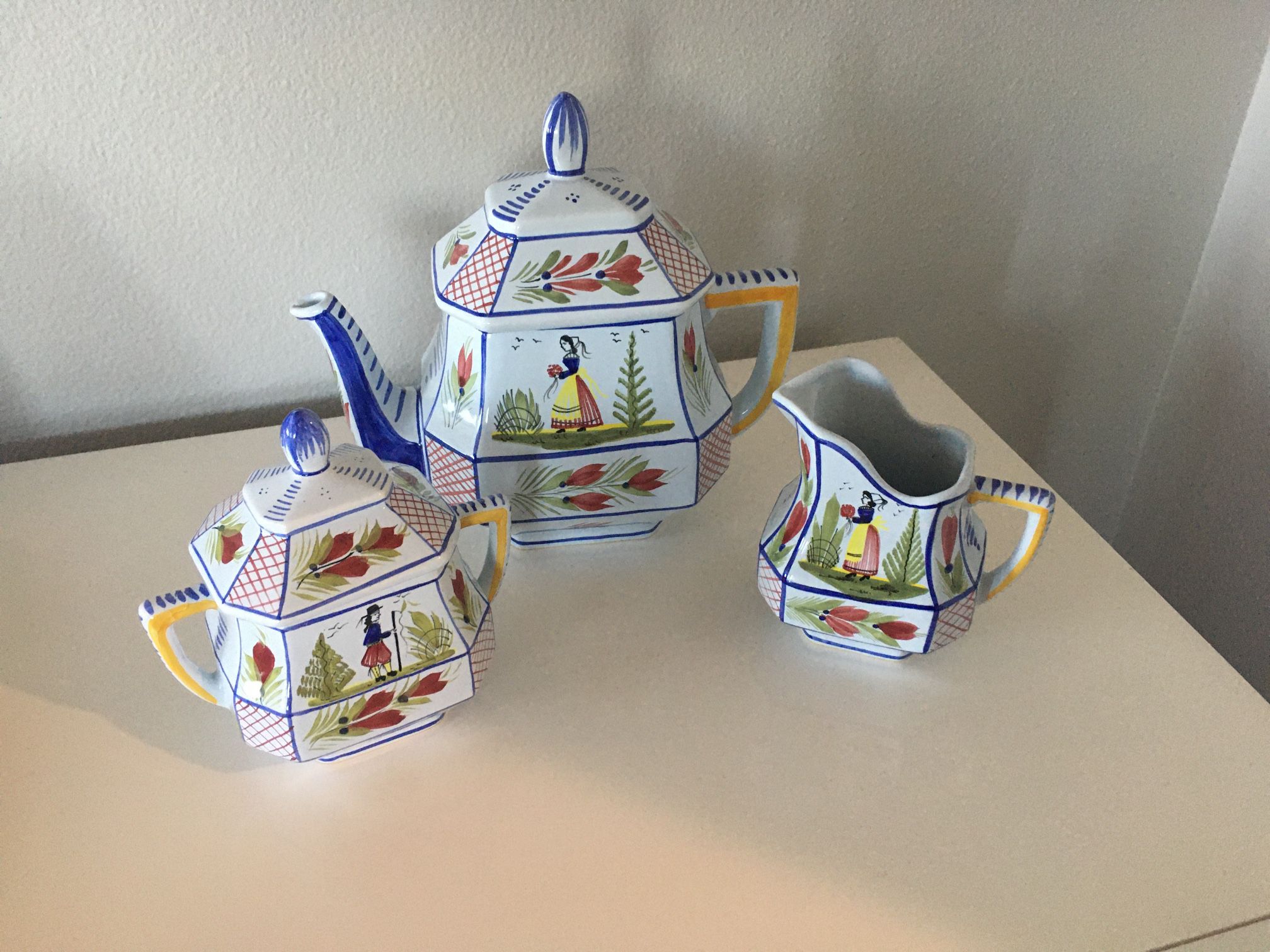 Quimper Pottery- Tea Pot, Creamer, Sugar
