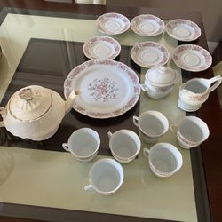 Remington Fine China by Red Sea Pink Flowers Coffee Cups Creamer And Sugar Bowl