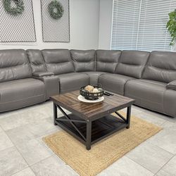 Living Spaces Grey Leather Power Reclining Sectional Couch