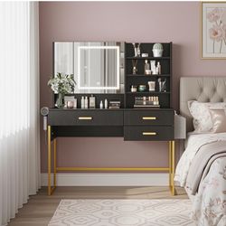 Vanity with Mirror and Adjustable LED Light Wooden White and Gold Vanity Desk with Glass Tabletop, Power Outlet, Storage Bag, 3 Drawers and 6 Storage 