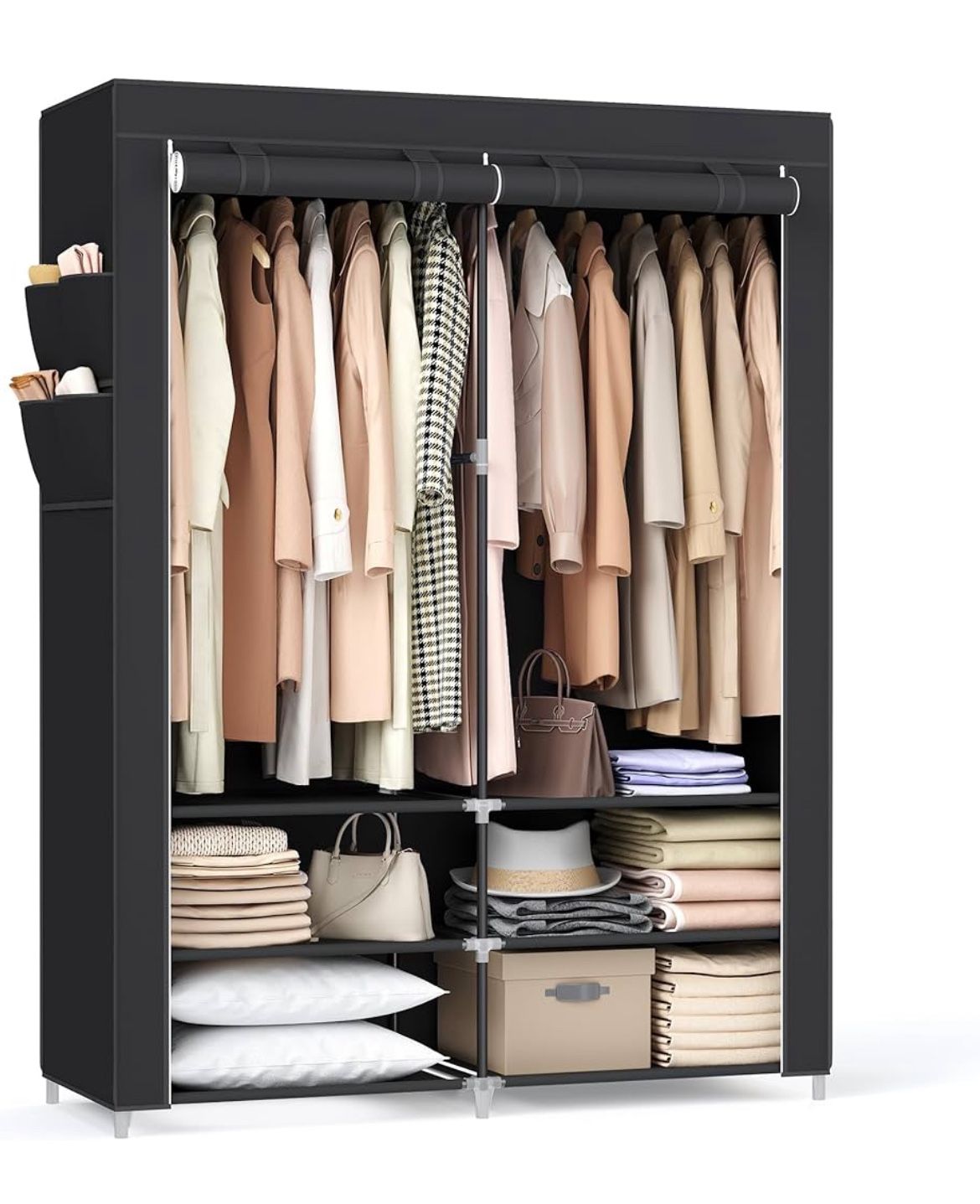 SONGMICS Portable Closet Wardrobe with Shoe Rack and Cover, Closet Storage Organizer, 2 Hanging Rods, Shelves, and 4 Side Pockets, 50 x 17.7 x 69.3 In