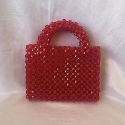 Red Evening Bag Beaded Top Handle Purse & Crossbody Handbag 100% Handmade