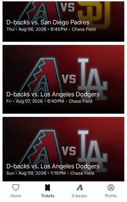 PAIR Arizona Diamondbacks vs Los Angeles Dodgers Tickets -  (Friday / Sunday ) lower level - qty 2 Aisle Seats