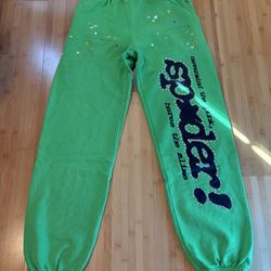Sp5der Slime Green Rhinestone Punk V2  Sweatpants XS 100%  Authentic Brand NEW