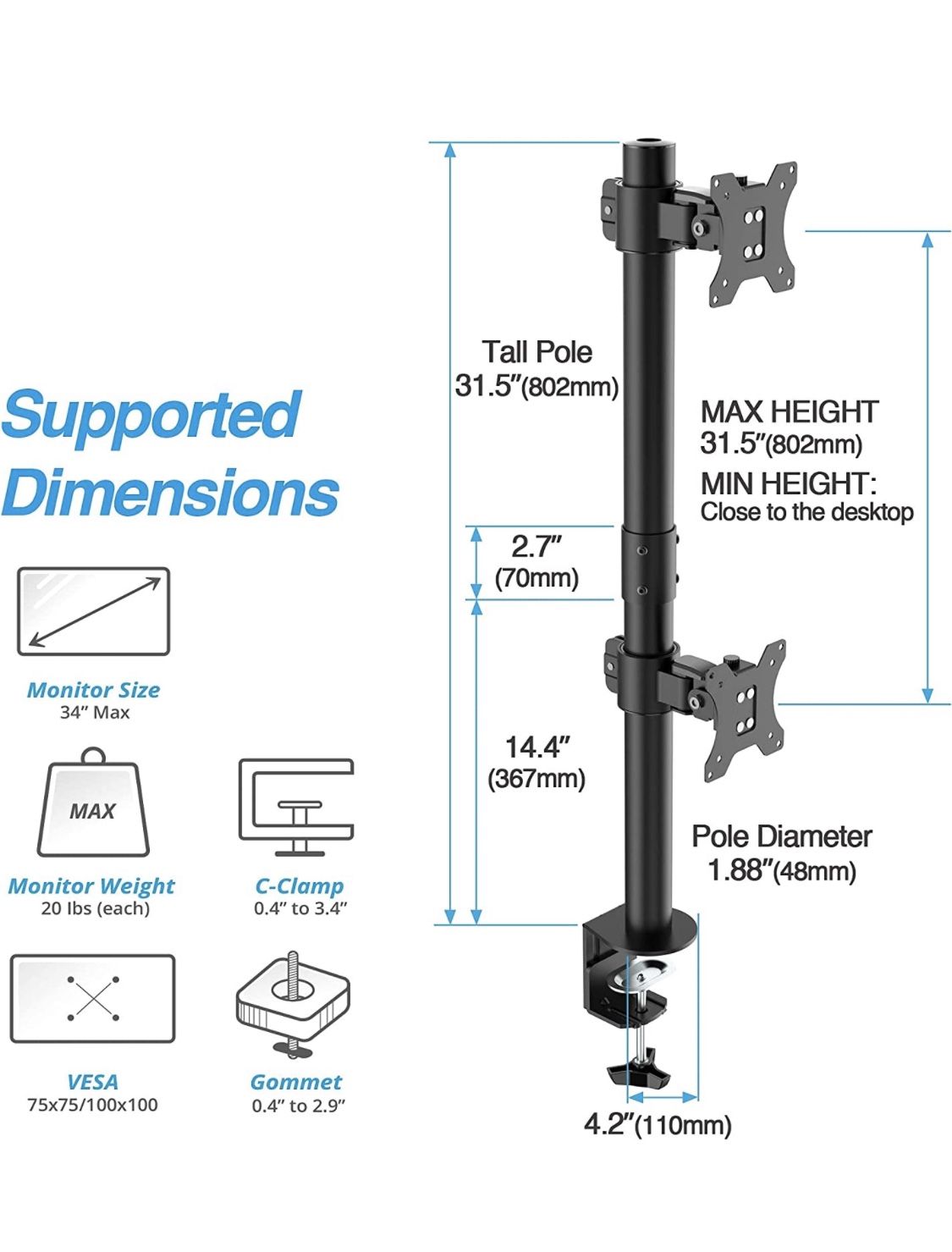 AVLT 34" Vertical Ultrawide Monitor Mount Stand Two Stacked 19.8 lb Screens on Heavy-Duty Pole