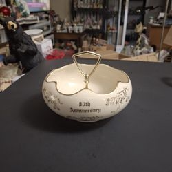 Vintage Pearl China 22KT Gold Trimmed 50th Anniversary Trinket Or Candy Bowl, Scalloped Edges 3.25"H X 6.5"W With Handle 