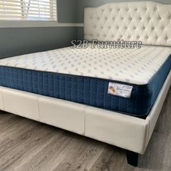 Queen White Crystal Button Bed With Ortho Matres!