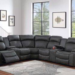 Brand New Grey Leather Power Reclining Sectional Sofa 