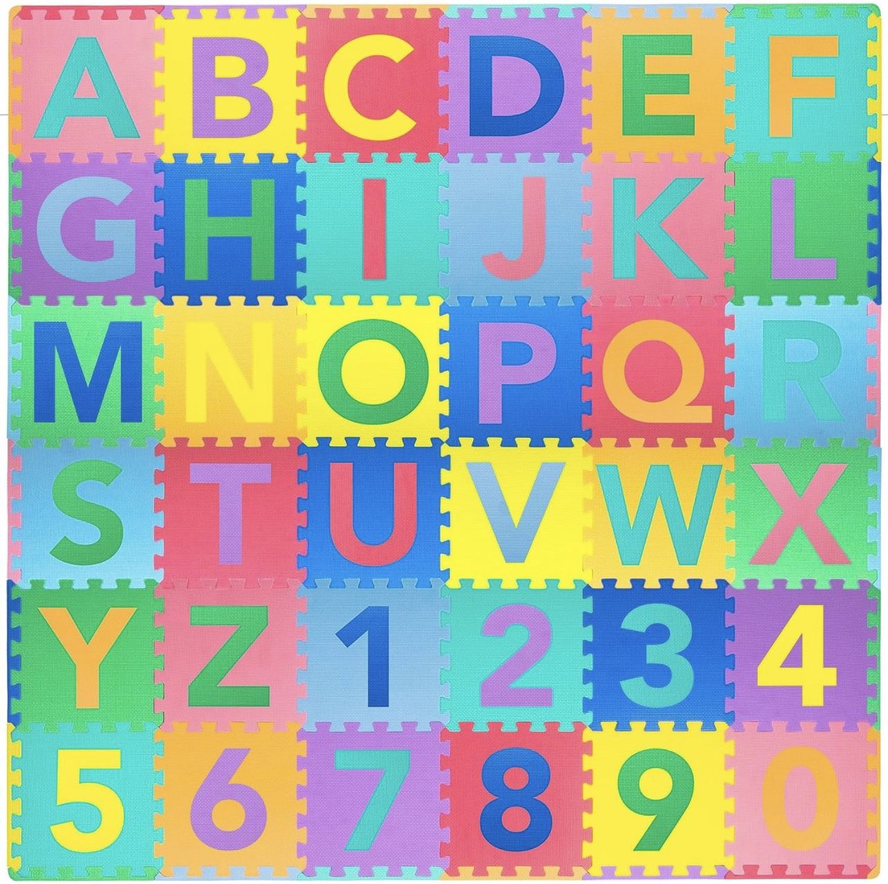 ProSource Kids Puzzle Alphabet, Numbers, 36 Tiles and Edges Play Mat, 12" by 12",Abc & 123