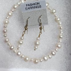 New Beautiful Handmade Real Fresh Water Pearl Bracelet And Earrings Set