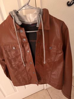 Brown Faux Leather Jacket with Hood
