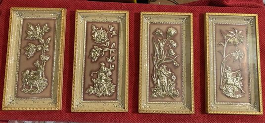 Complete 4-piece vintage mid-century "Four Seasons" brass/metal relief wall plaque set by Metalcraft Manufactured in the 1960s–1970s).
