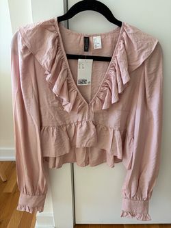 H&M Flounced Blouse, size SMALL, long sleeve, powder pink BRAND NEW