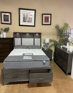 Queen Platform Storage Bed with Bookcase Headboard and Lights