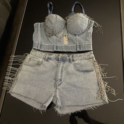 2 Piece Denim Jean Top And Bottom 