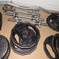 Of  Marcy Grip  Iron Weight Plates Dodecagon Shape w/ 1” Hole. 4 adjustable threaded  dumbbell handles. And 1-inch threaded EZ curl barbell bar