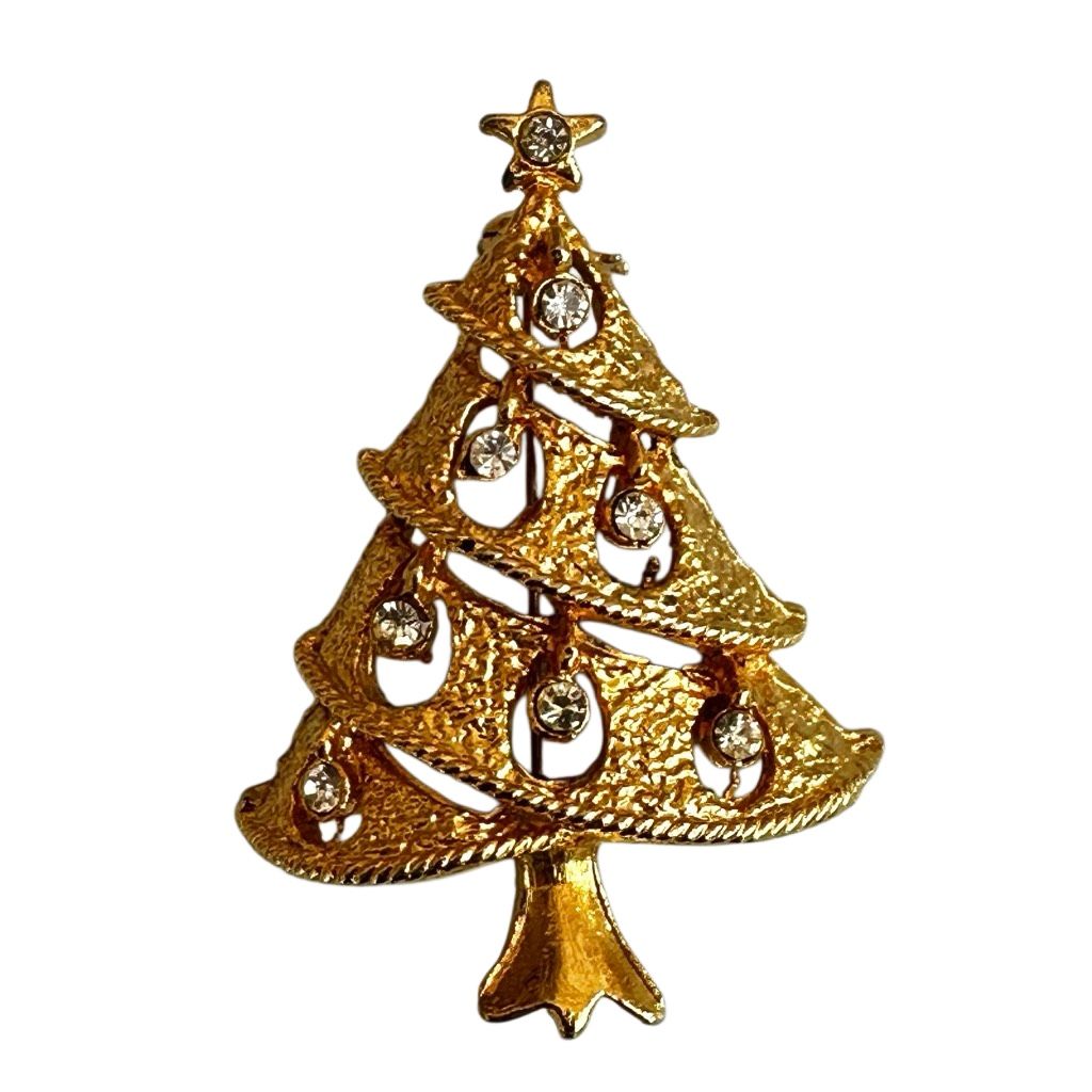 Gold-Tone Rhinestone Christmas Tree Brooch