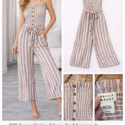 Billabong Striped Smocked Jumpsuit Size S Summer Wide Leg Romper