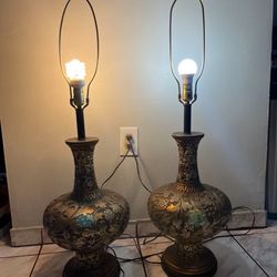 1971 Floral Gold Vintage Large Side Table Gold Gilt Flower FORTUNE Lamp Co. Vase Lot Of 2