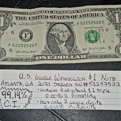 Unique Serial # US George Washington $1 Bill (99.14% CI)