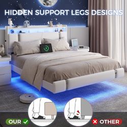 Queen Size Floating Bed Frame with Upholstered Storage Headboard, Metal Platform Bed with Charging Station & LED,No Box Spring Needed,Easy to Assemble