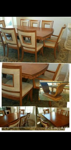 HIGH END DINING ROOM TABLE AND 8 CHAIRS