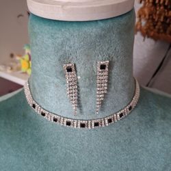 Rhinestone Square Stone Choker Necklace Set 