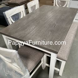 New! 6pcs White Rustic Dining Set, Dinette Set, Kitchen Table And Chairs, Table, Chairs, Bench, Casual Dining Set, Rectangular Dining Table, Dining Ro