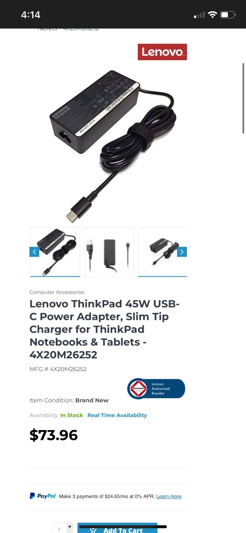 Lenovo ThinkPad 45W USB-C Power Adapter,