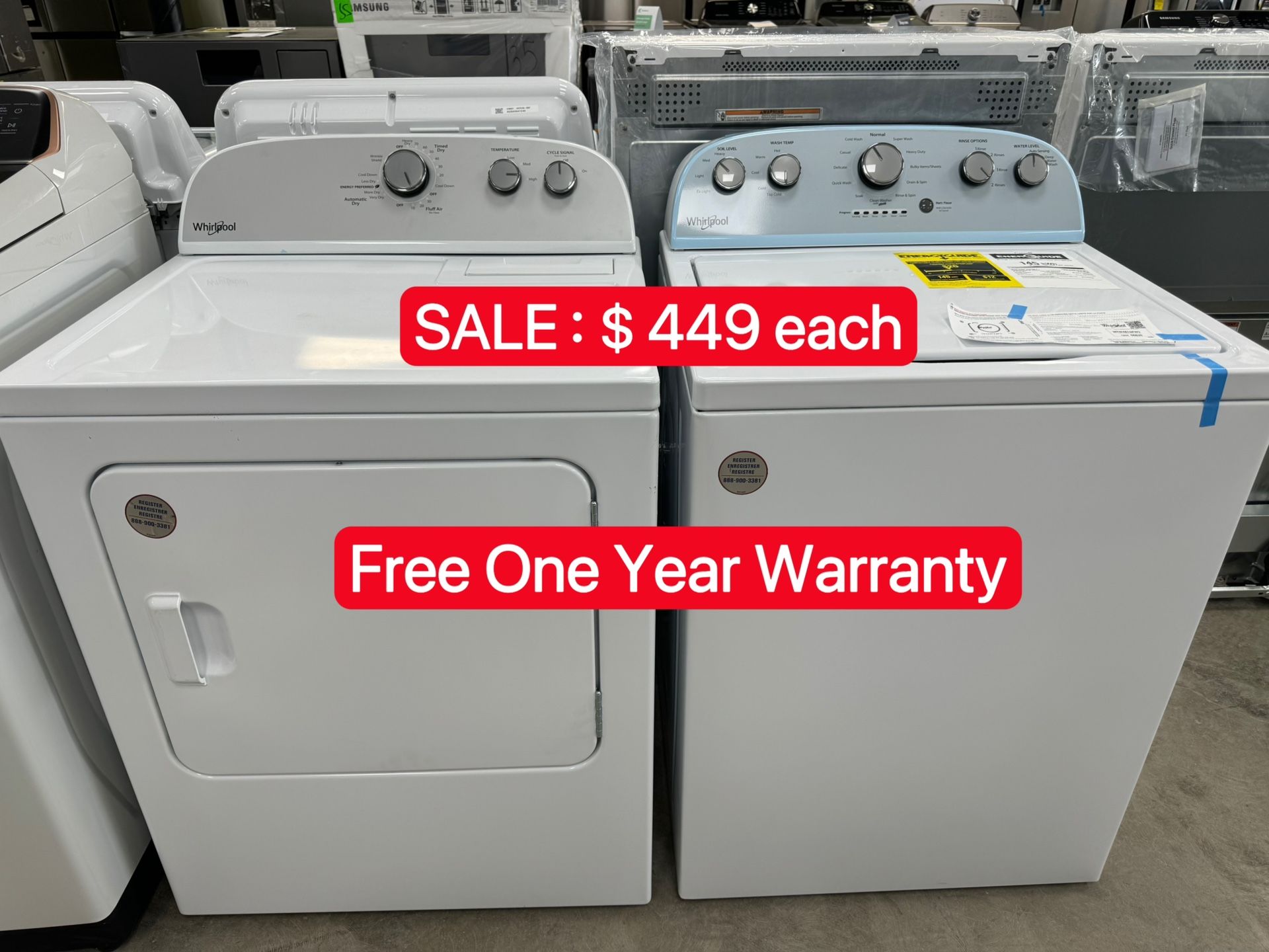 Whirlpool Washer/Dryer — only ＄449 each! One Year Free Warranty.