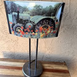 Fun John Deere Tractor And Poppies Double Sided Tall Lamp Photo On Glass