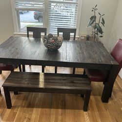 Extendable Brown Wood Dining Table with bench & chairs