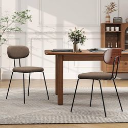 Dining Chairs Set of 2, Linen Fabric Upholstered Dining Room Chairs with Walnut Bentwood Back, Mid-Century Modern Kitchen Chairs with Adjustable Feet 